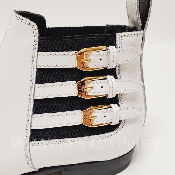 GUCCI BOOTS ANKLE QUEBEC 3 BUCKLE WHITE LEATHER POINTED TOE sz 37.5 7.5 - Picture 11 of 15